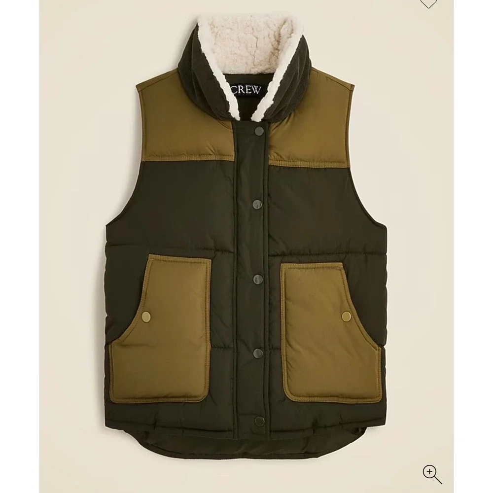 J.CREW Colorblock Puffer Vest with PrimaLoft Small Olive Green‎ Khaki NEW Sherpa